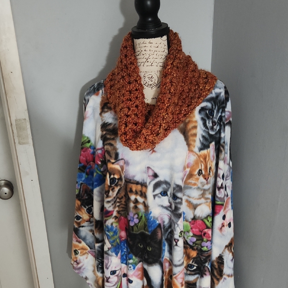 Colorful Cat Print Shawl with Knit Collar